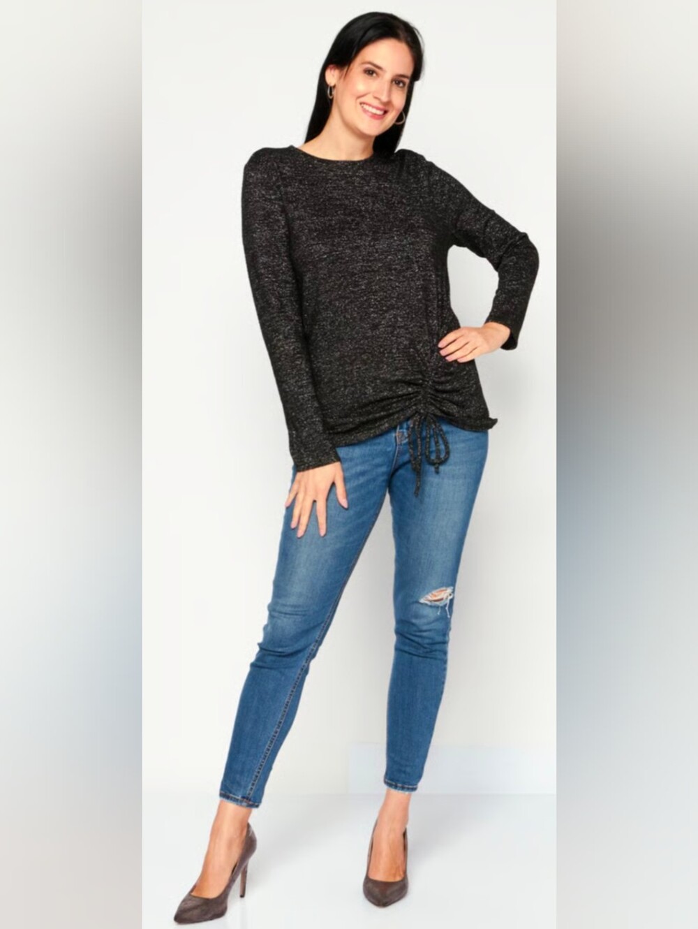 Inc Black Metallic Side Raunched Long Sleeve Blouse